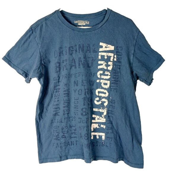 Aeropostale Other - Aeropostale Mens Graphic T-Shirt Large Blue Distressed Vertical Logo NYC Tee